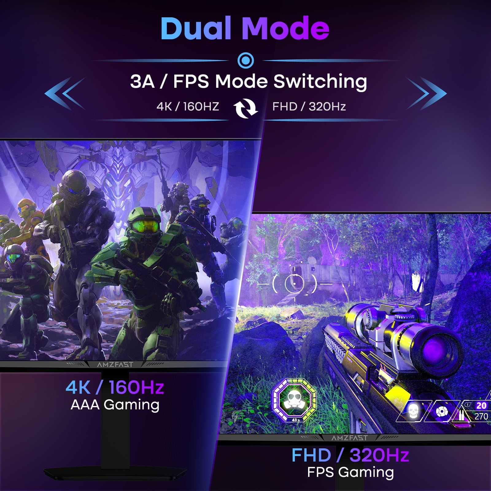 AMZG27F6U, 27" 4K Dual Mode Gaming Monitor UHD 160Hz or FHD 320Hz