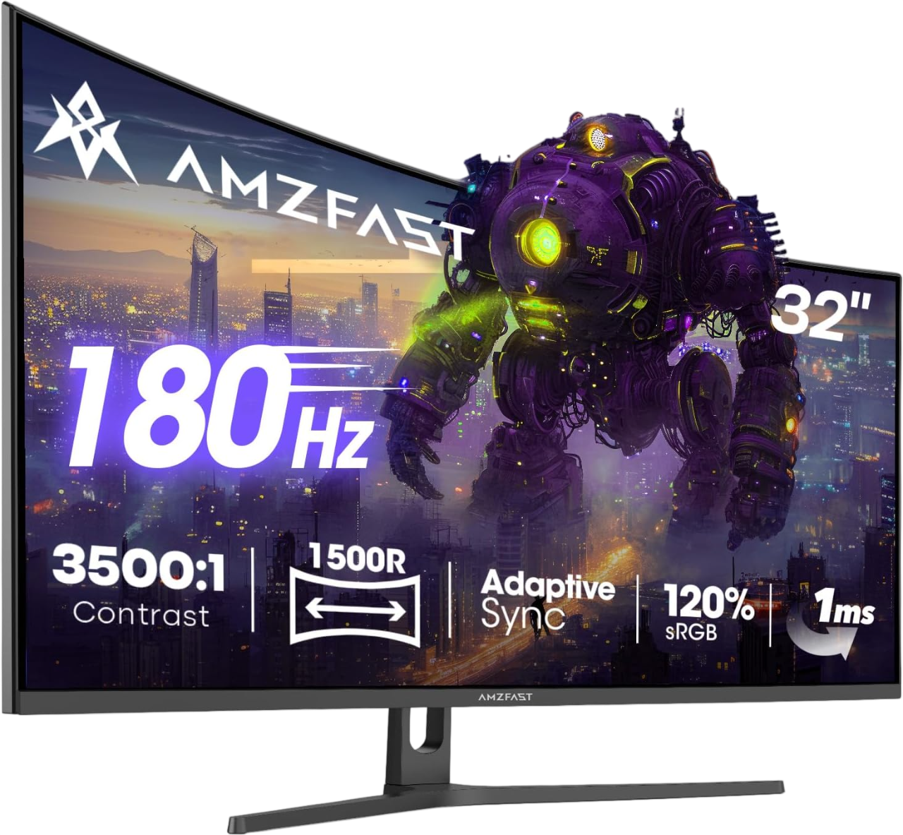 AMZFAST 32 inch Curved Gaming Monitor 180Hz QHD 2560x1440p 1ms