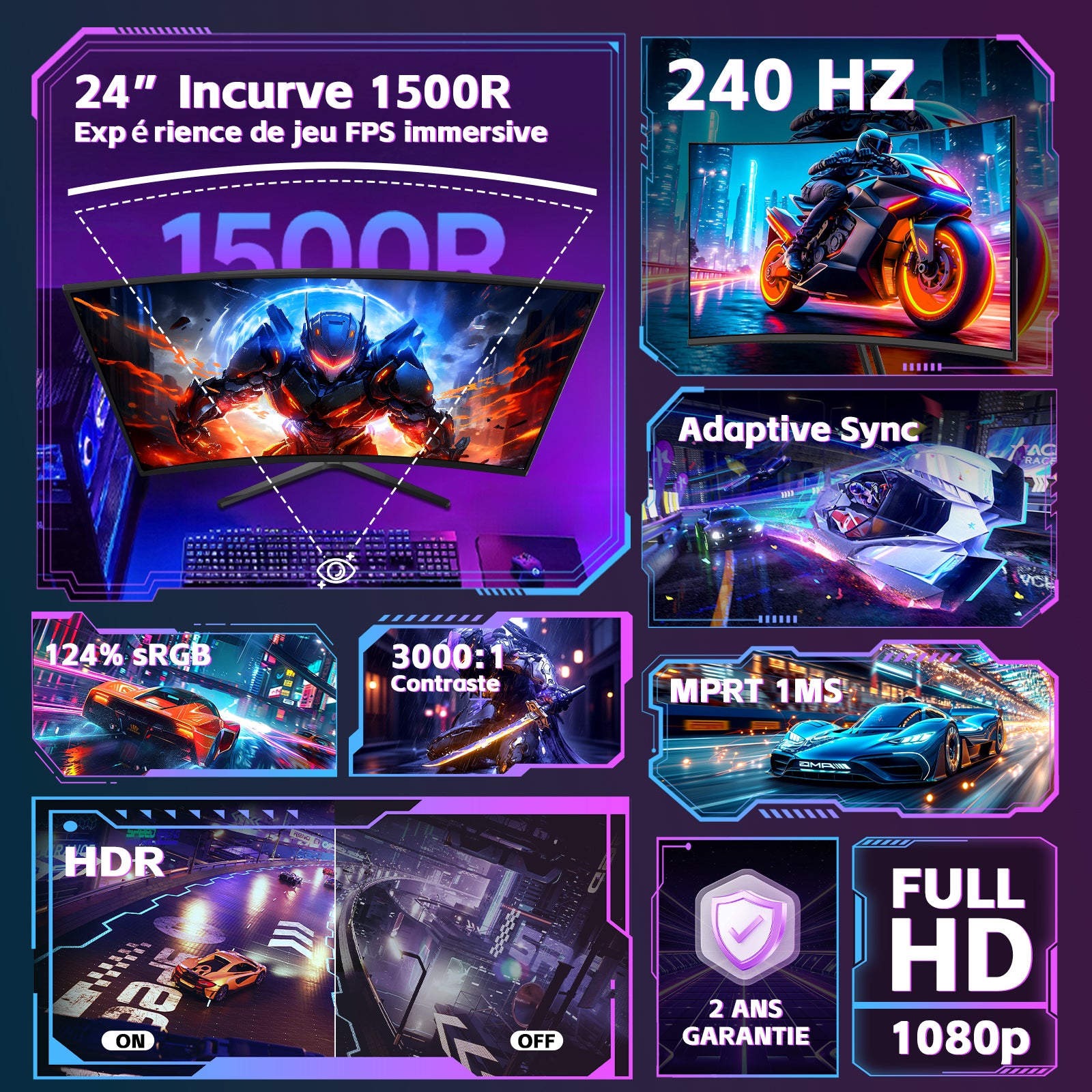 Amzfast AMZG24C1 Pro, 24" Écran PC Gamer Incurvé 240Hz FHD