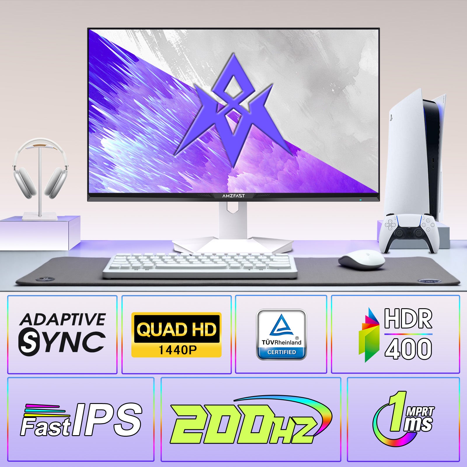 AMZFAST 27 Inch White Gaming Monitor 200Hz WQHD 2560x1440p Fast
