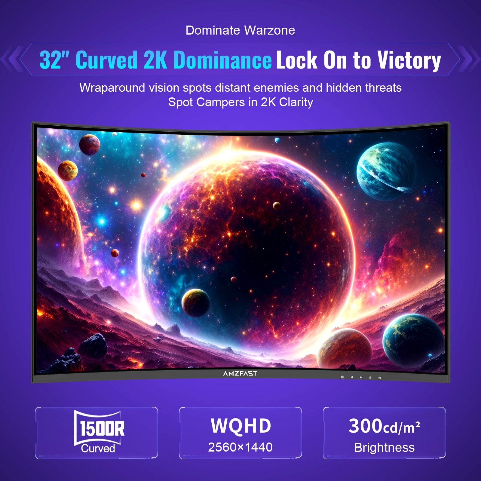 AMZFAST 32 inch Curved Gaming Monitor 180Hz QHD 2560x1440p 1ms