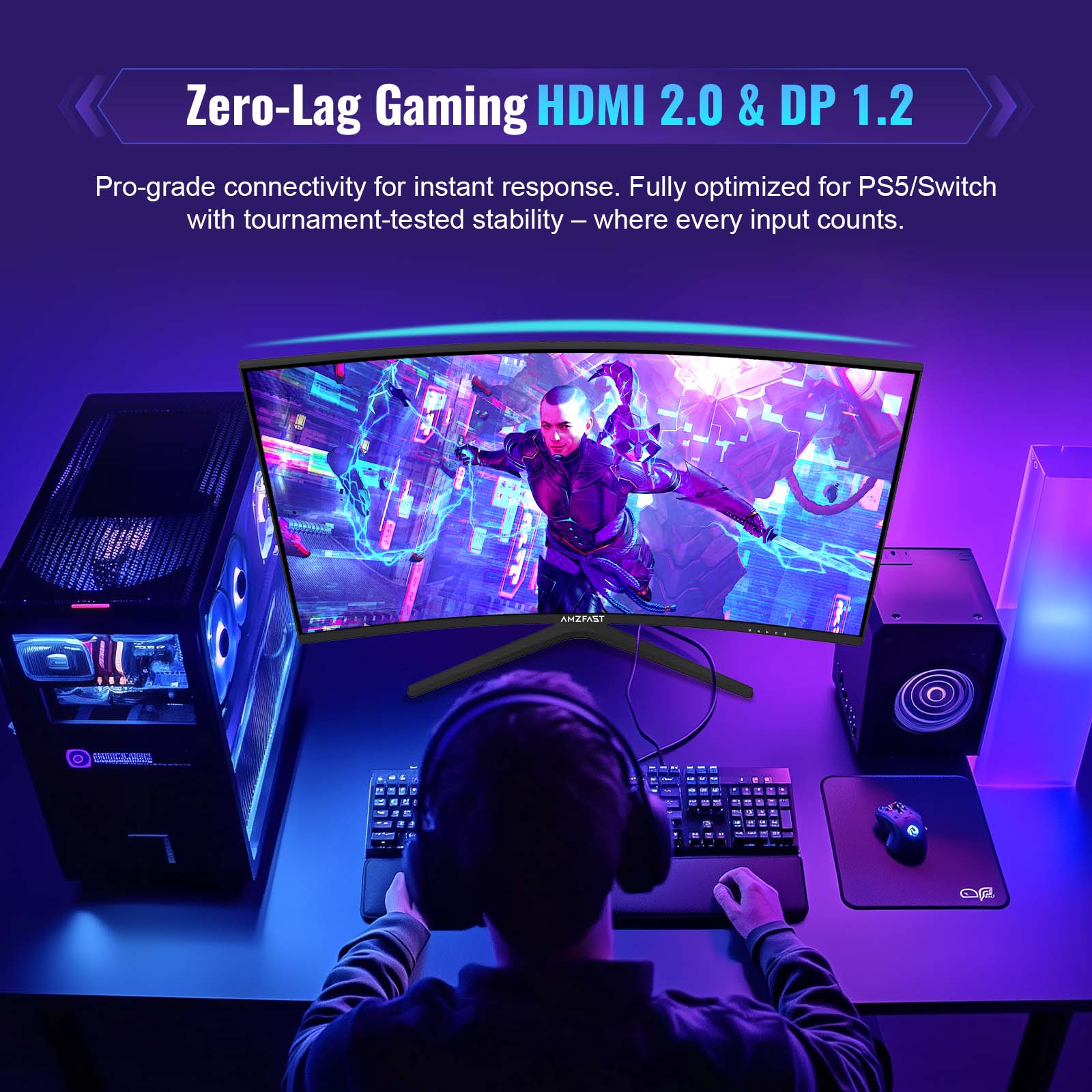 AMZFAST 32 inch Curved Gaming Monitor 180Hz QHD 2560x1440p 1ms