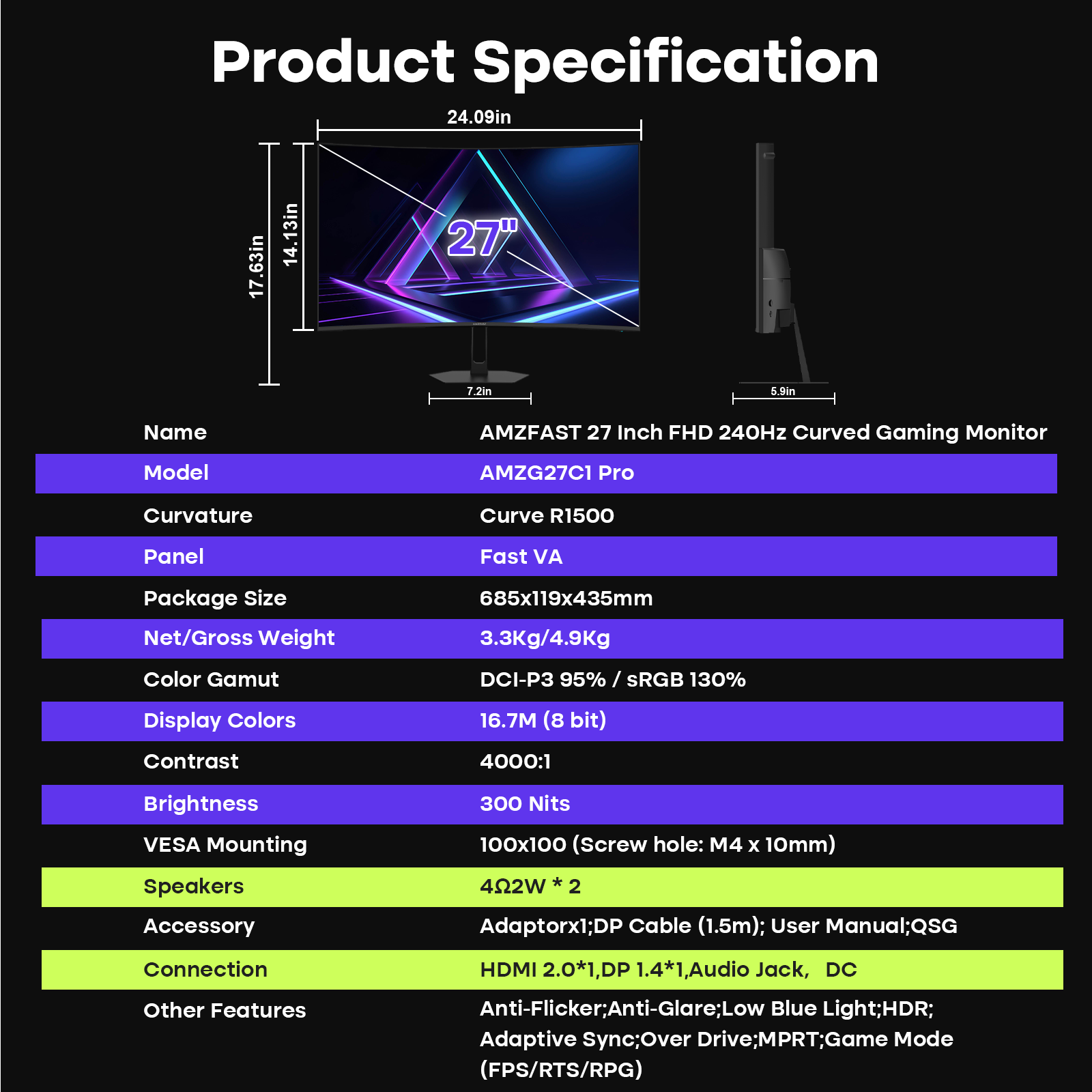 AMZG27C1 Pro, 27" Curved Gaming Monitor FHD 240Hz