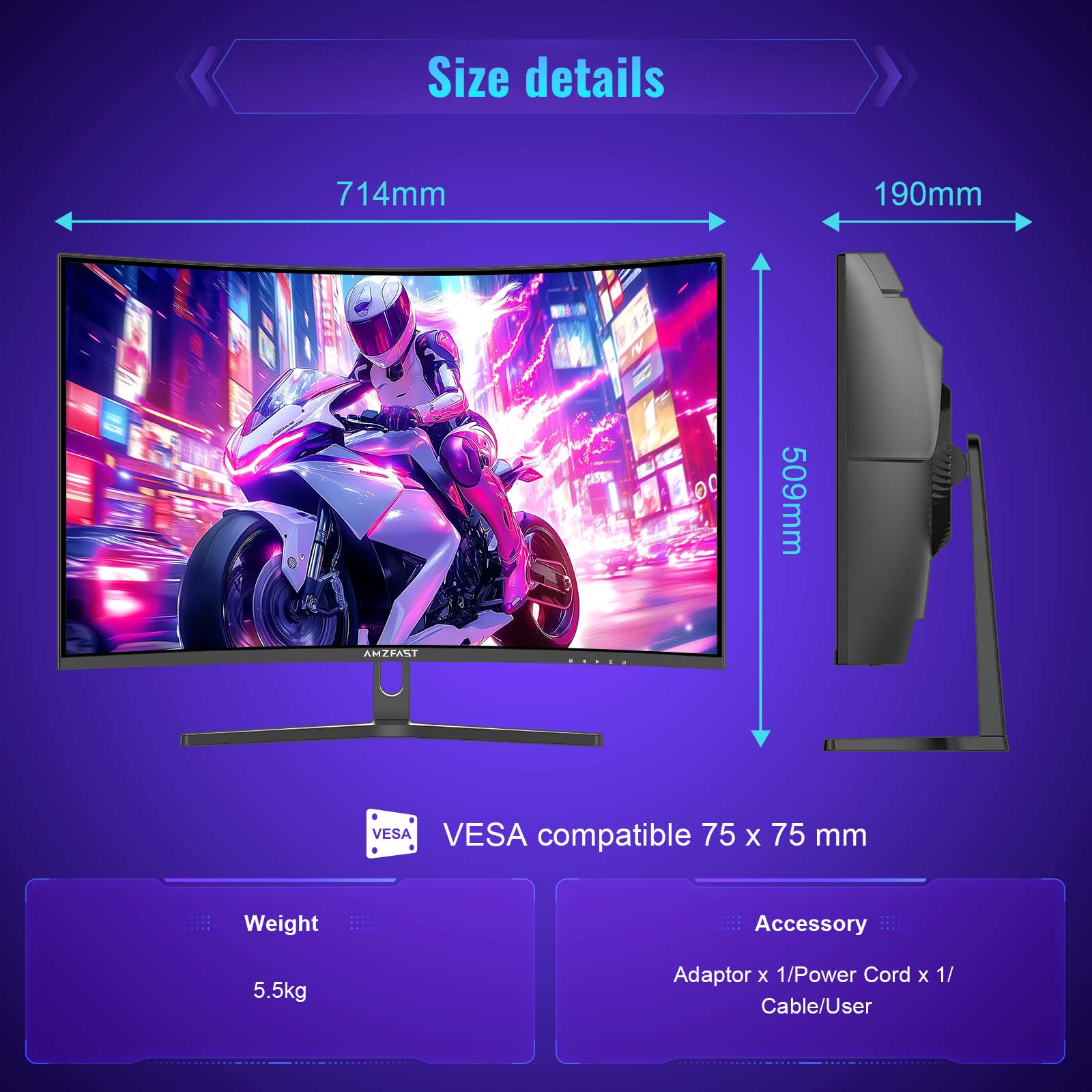 AMZFAST 32 inch Curved Gaming Monitor 180Hz QHD 2560x1440p 1ms
