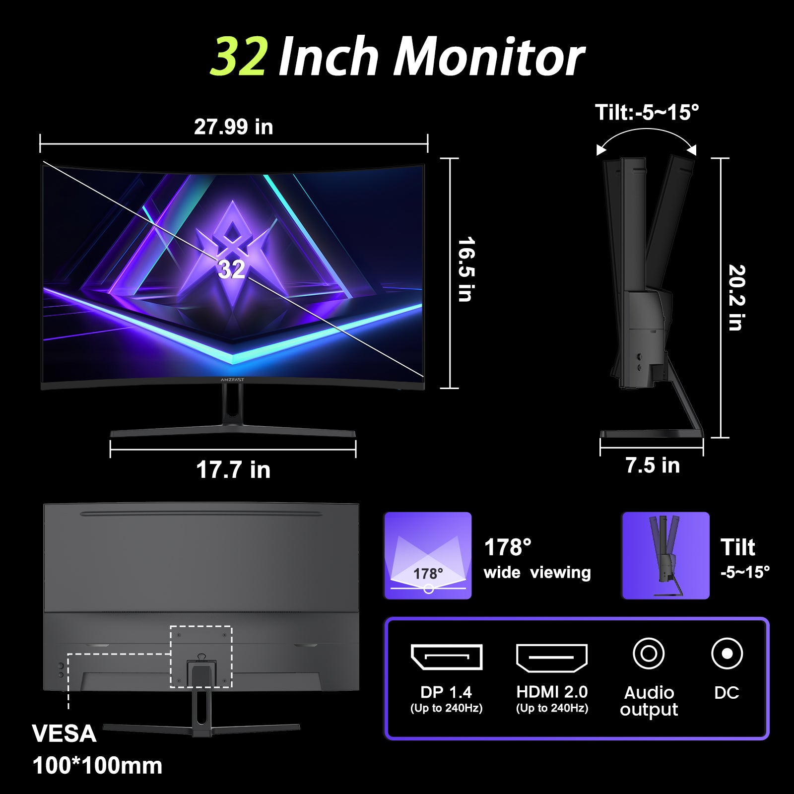 AMZFAST 32 inch 240Hz Curved Gaming Monitor - FHD 1080p 1ms MPRT