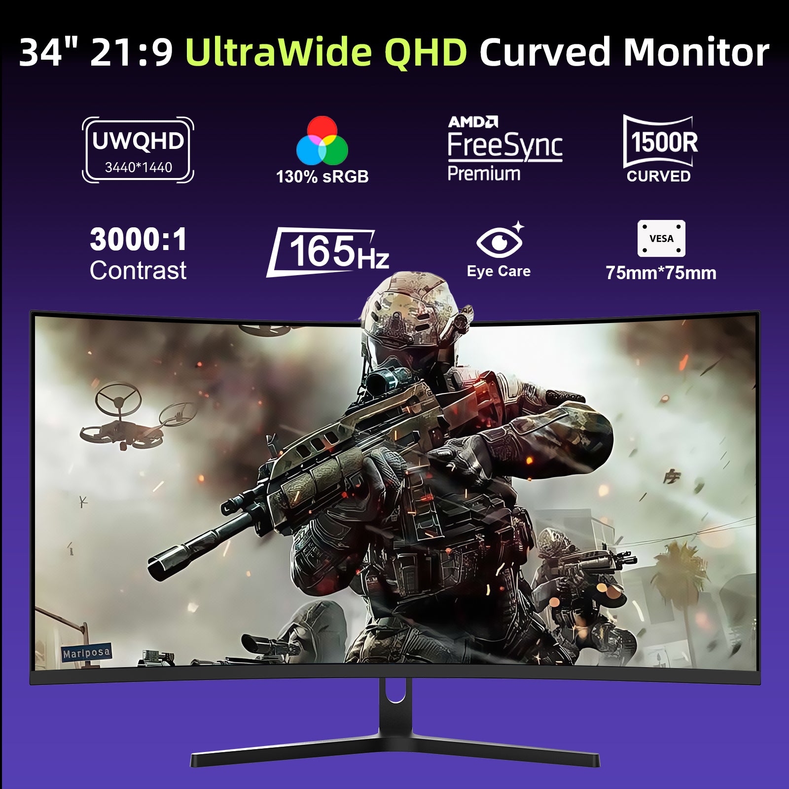 AMZFAST 34 inch Ultrawide Curved Gaming Monitor 165Hz UWQHD