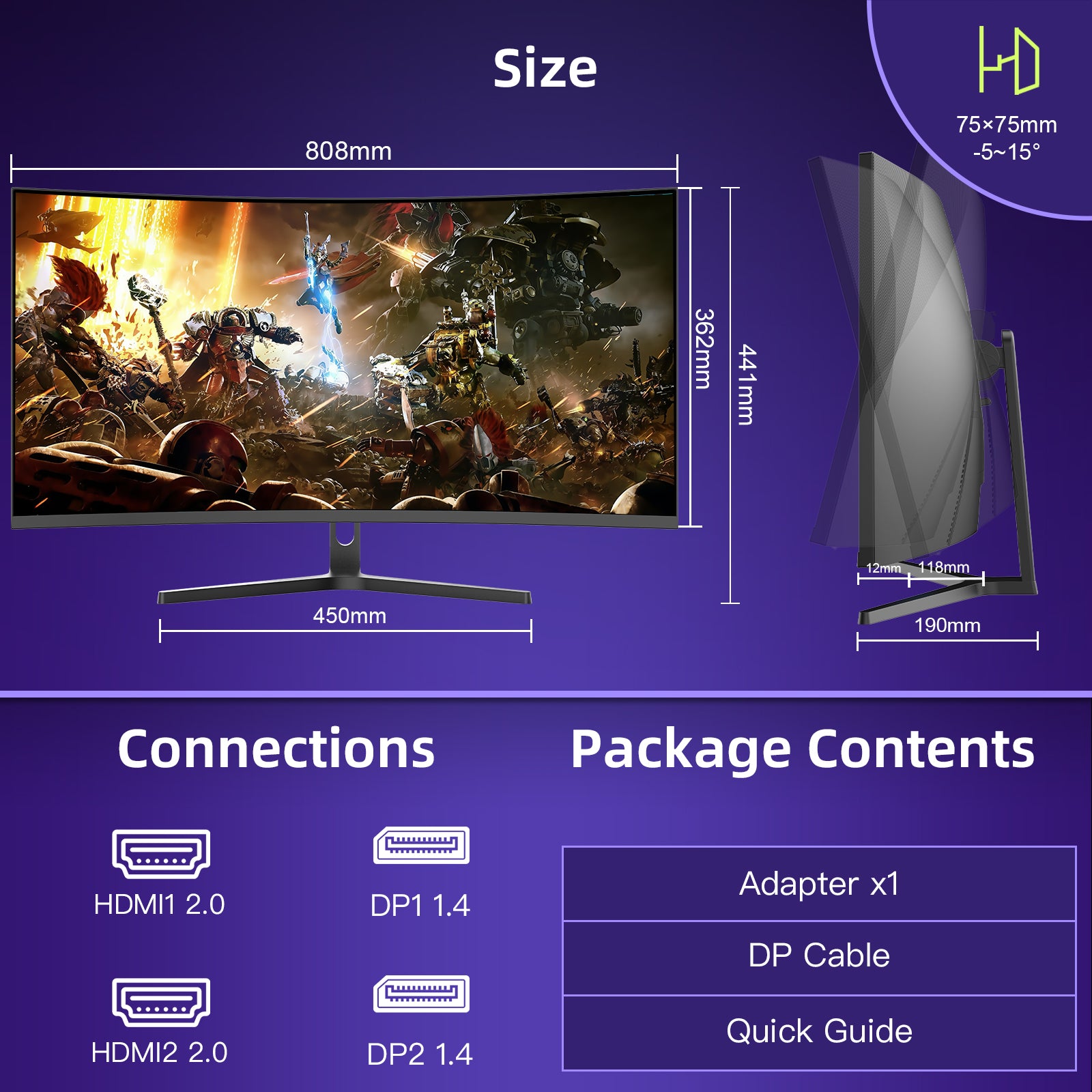 ‎AMZG34C5Q, 34" Ultrawide Curved Gaming Monitor 165Hz UWQHD