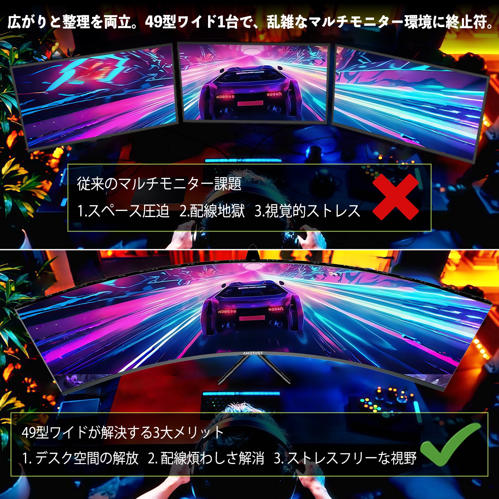 AMZFast 49インチ ゲーミングモニター 曲面 120Hz DQHD(5120x1440) 32