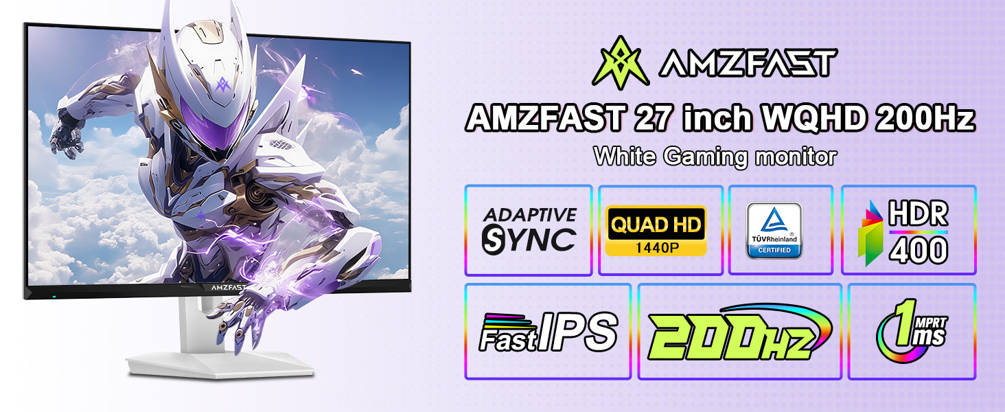 AMZFast 白 ゲーミングモニター 27インチ WQHD 200Hz Fast IPS HDR400