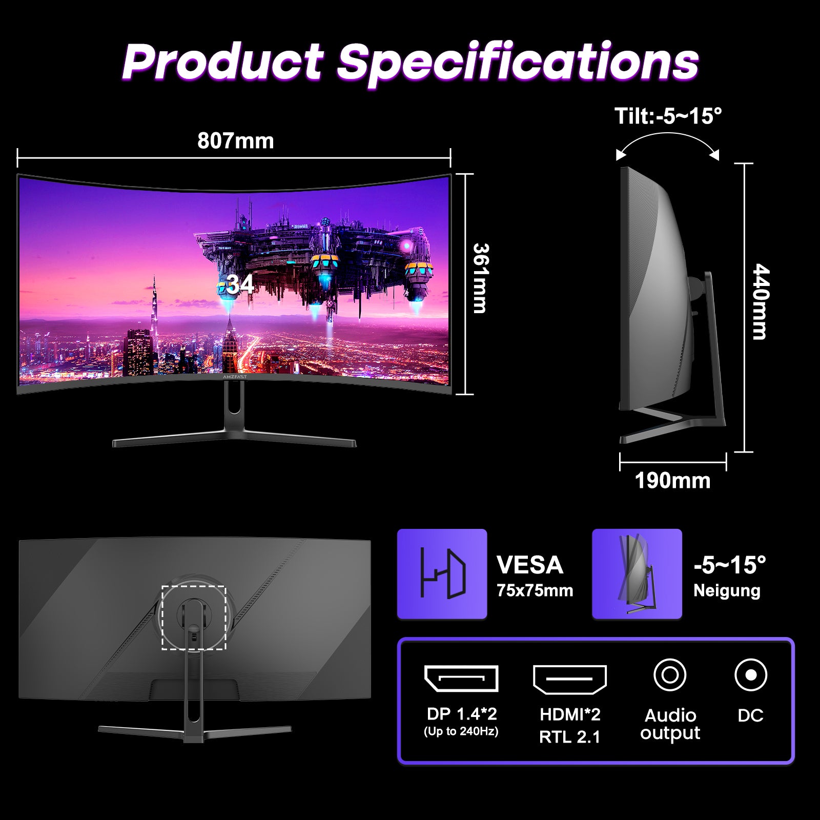 AMZFAST 34 inch Ultrawide Curved Gaming Monitor 240Hz UWQHD AMZFAST 34 inch Ultrawide Curved Gaming Monitor 240Hz UWQHD