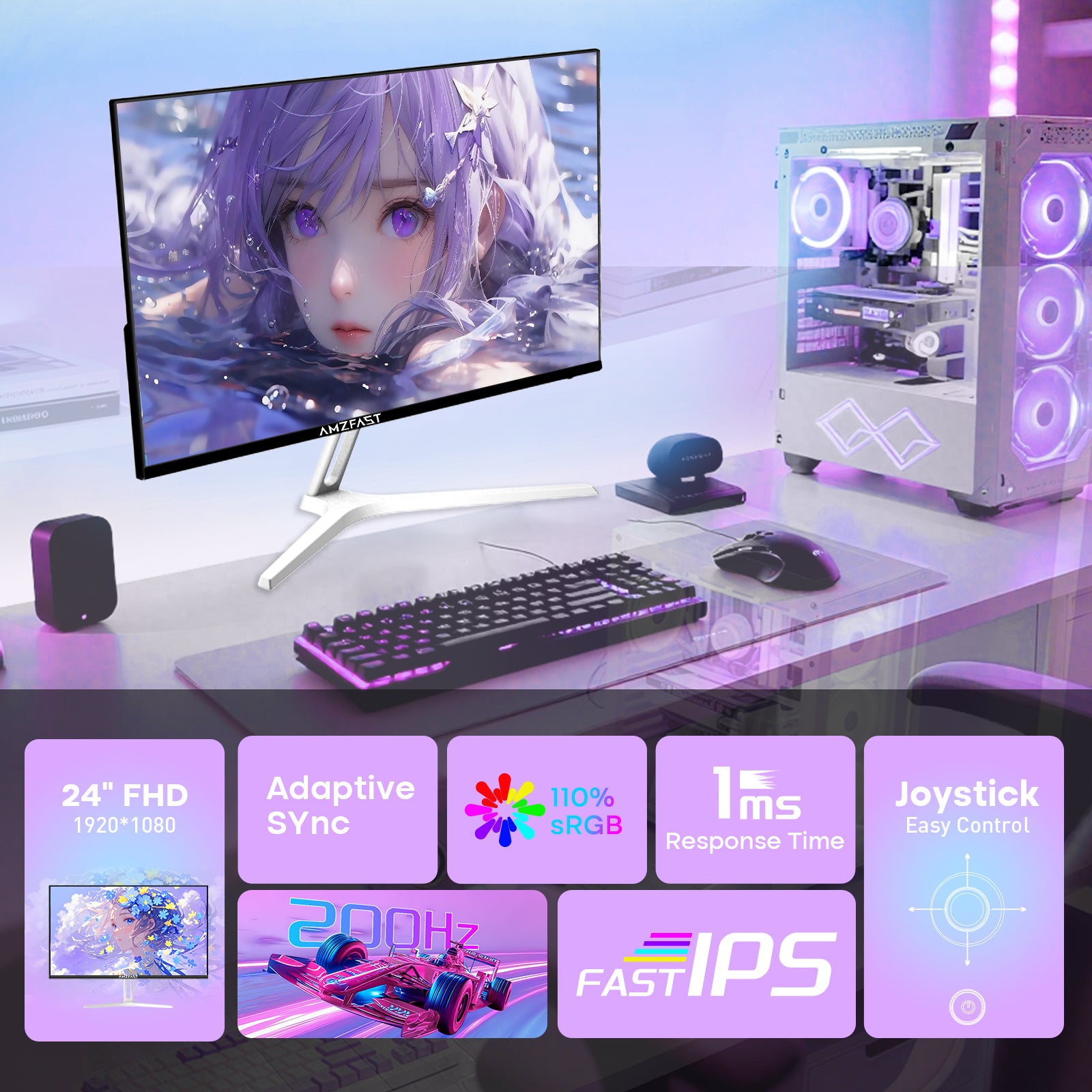 AMZFAST 24 Inch White Gaming Monitor 200Hz FHD Fast IPS 1ms MPRT