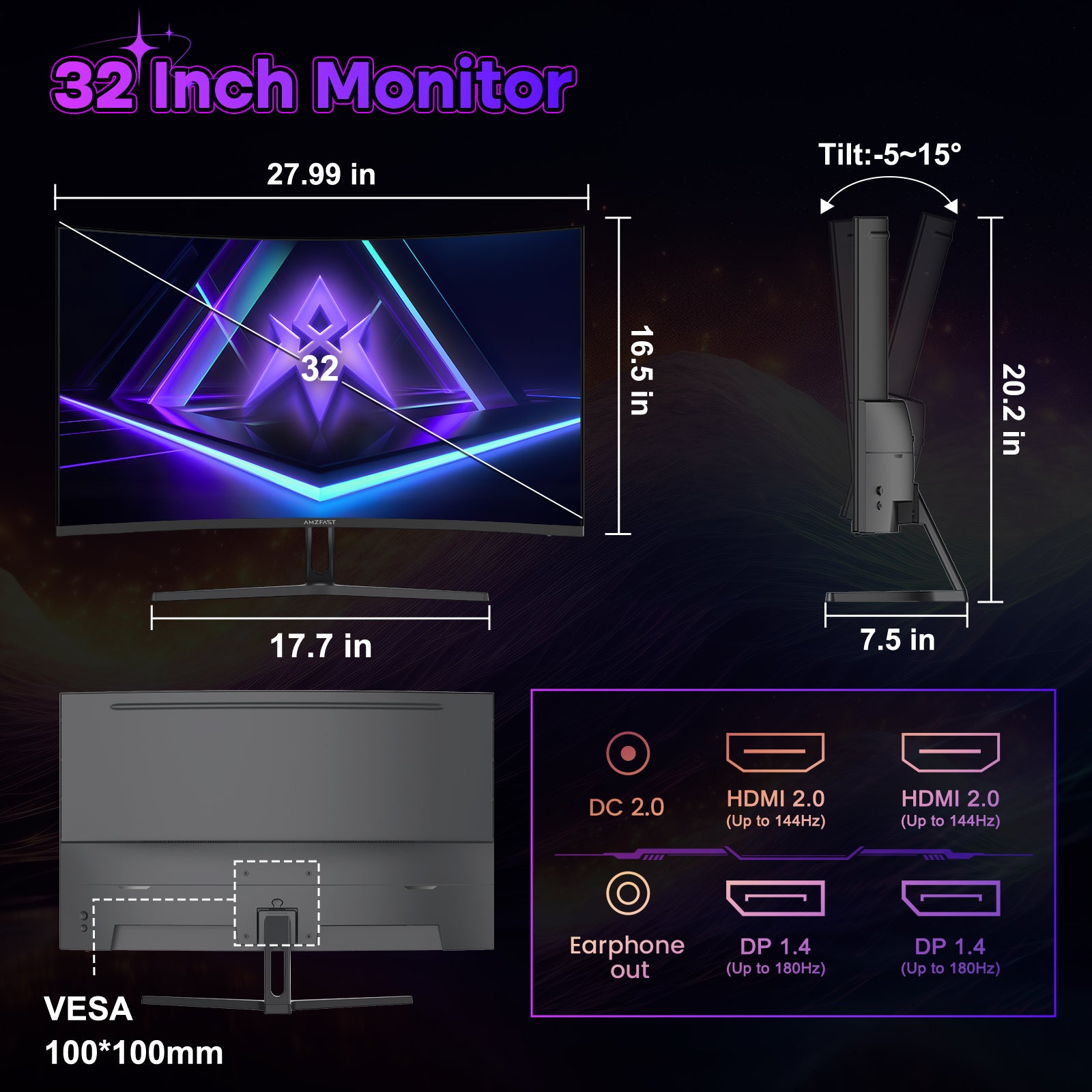 AMZFAST 34 inch Curved Gaming Monitor 180Hz QHD 2560x1440p 1ms