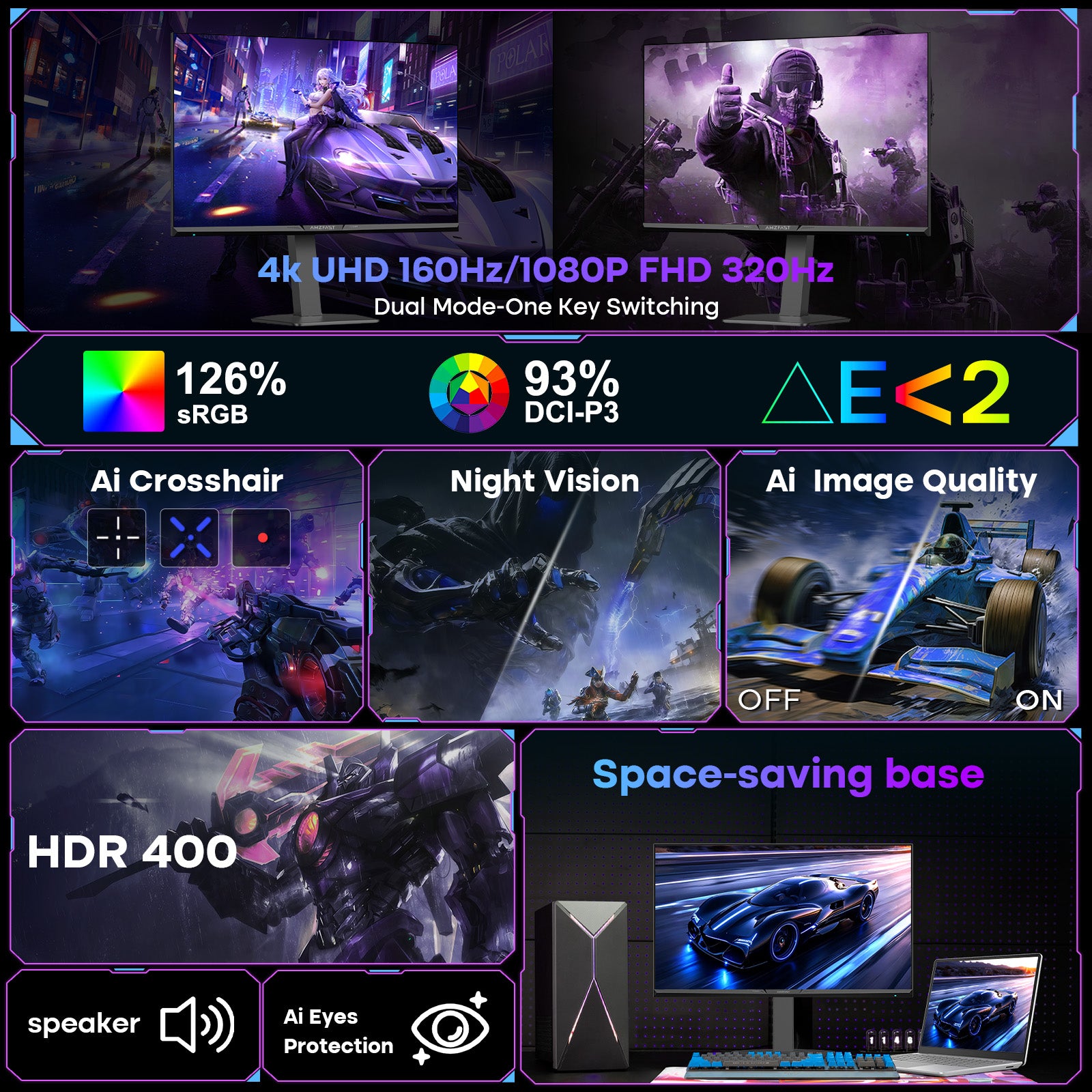 AMZG27F6U, 27 Zoll 4K Dual-Modus Gaming Monitor 160Hz UHD / 320Hz FHD