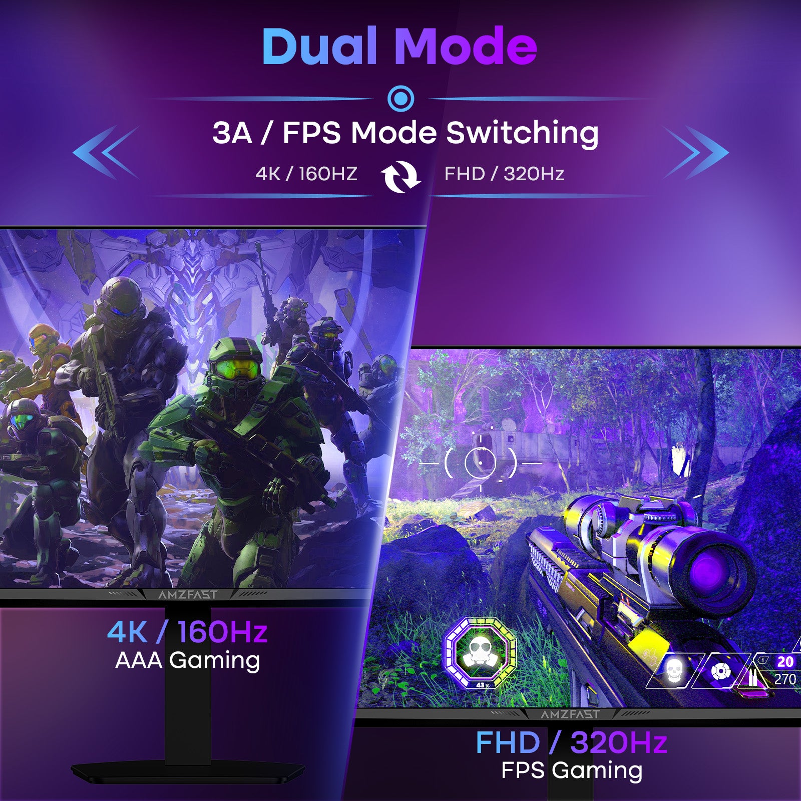 AMZG27F6U, 27" 4K Dual Mode Gaming Monitor - 160Hz UHD or 320Hz FHD